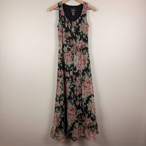 Vtg Positive Attitude Maxi Slip Dress 6 Black Multi Floral Y2K Fairy Grunge Boho